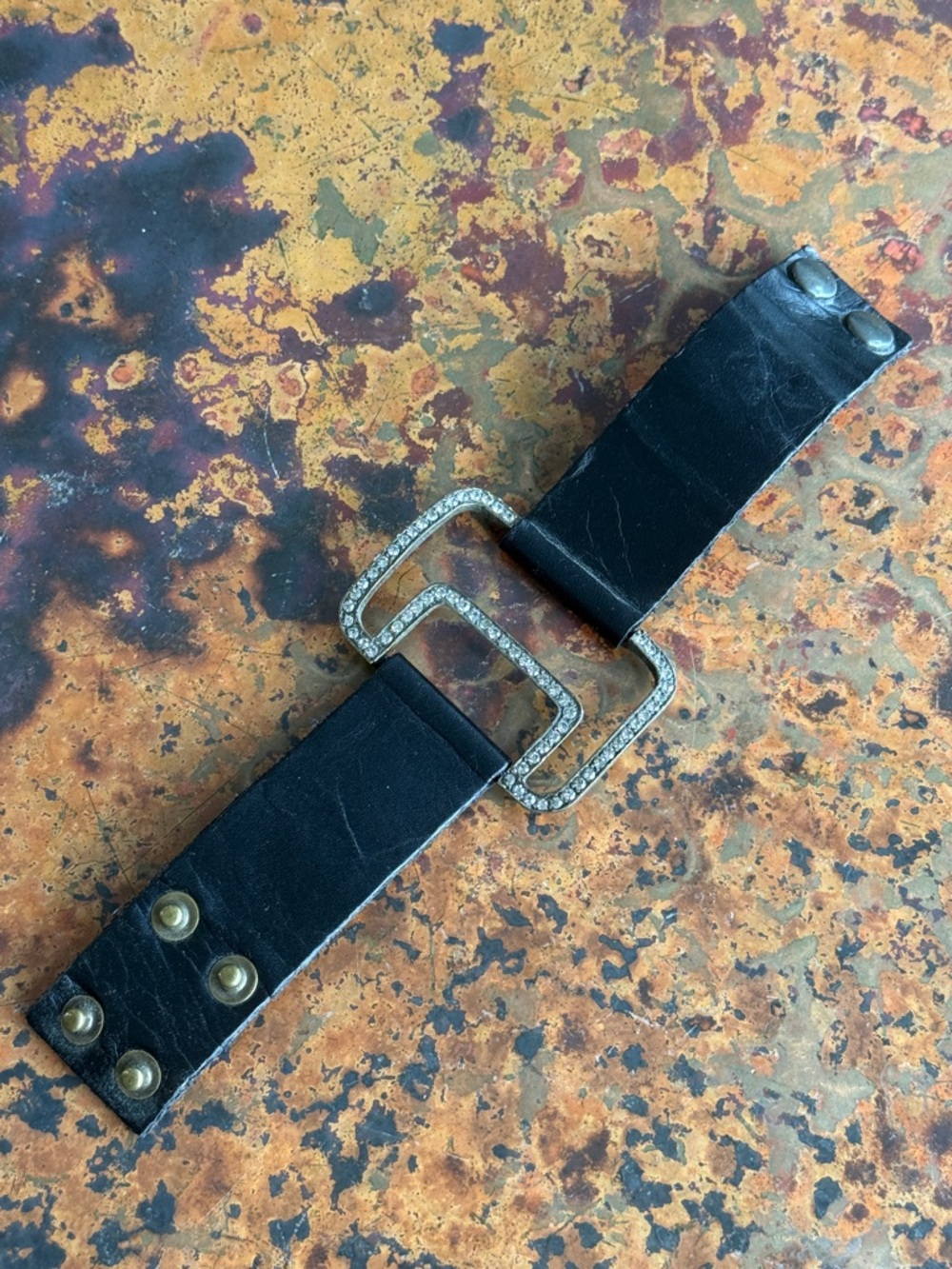 Black Leather Cuff Bracelet with Crystal-Embellished Bronze Buckle 2 Snap Close - Picture 8 of 11